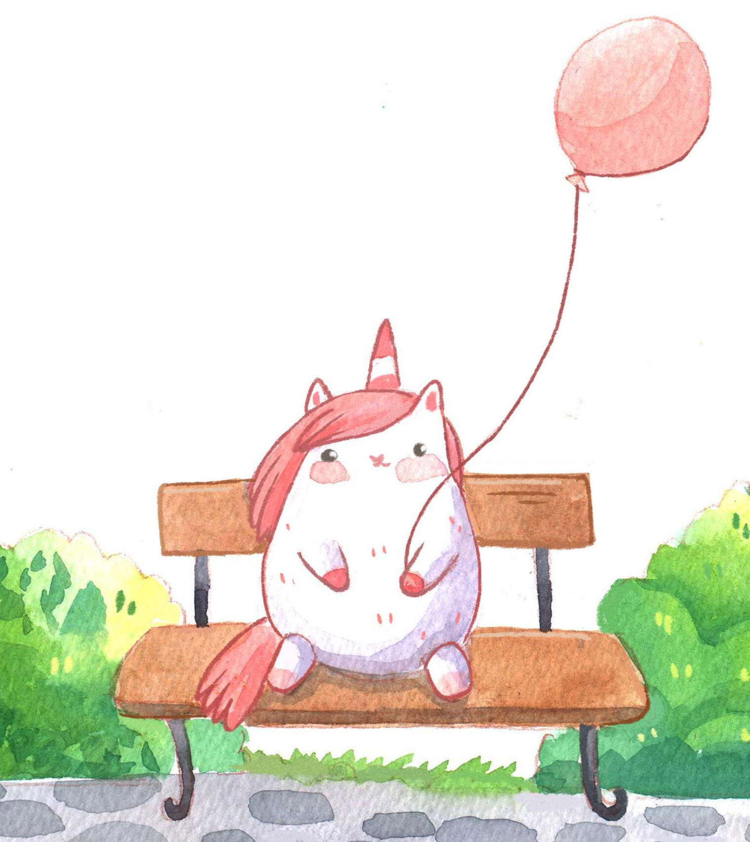 Unicorn on a bench holding a balloon.